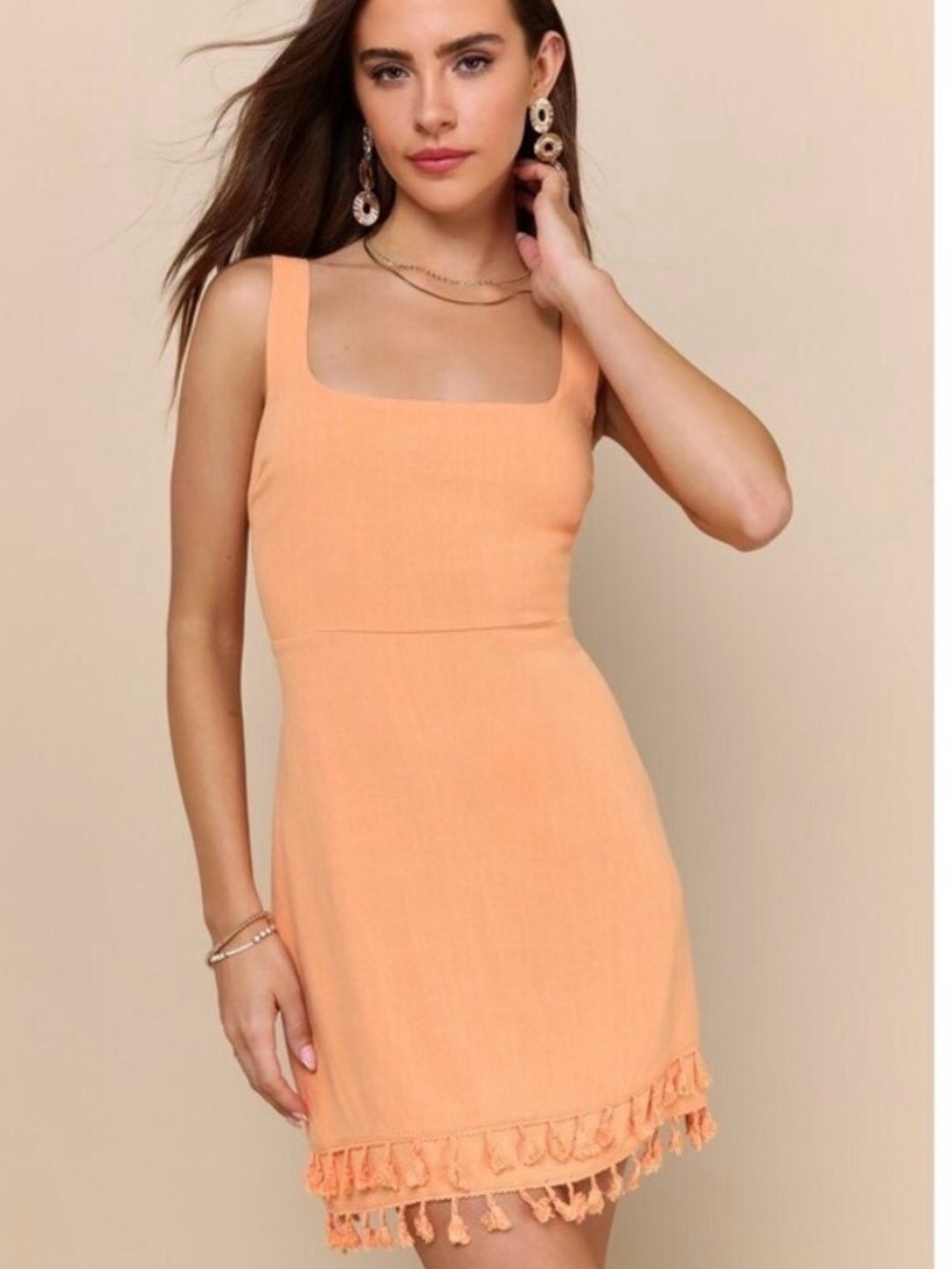 Lulus feel the sunshine linen blend tassel mini dress washed orange size small
